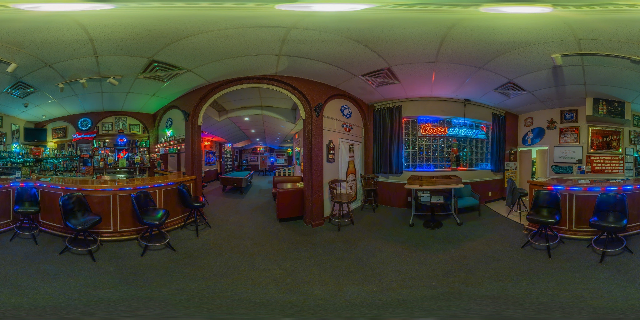 360 degree panorama of a neighborhood bar interior