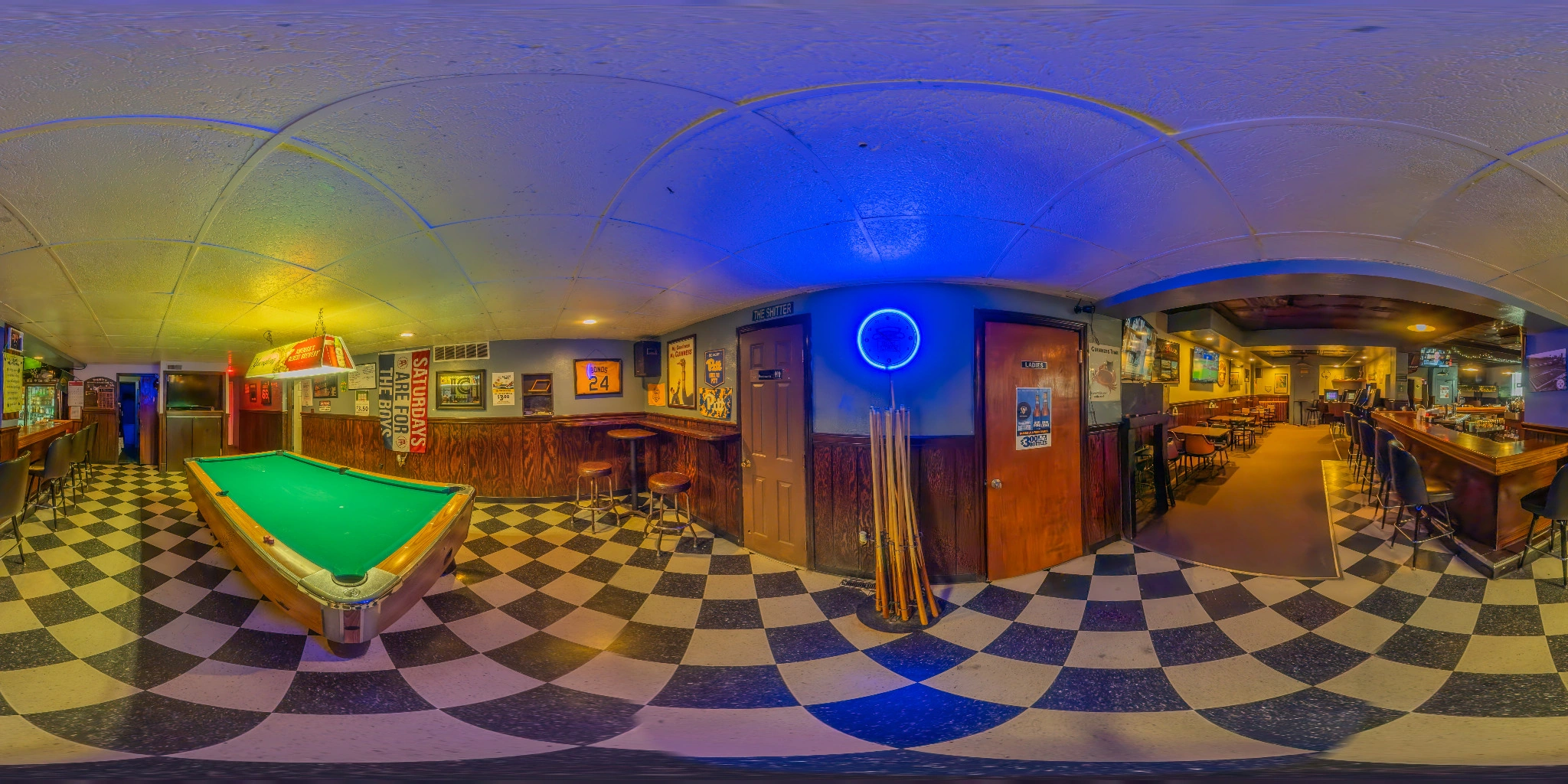 360 degree panorama of a neighborhood bar and game room
