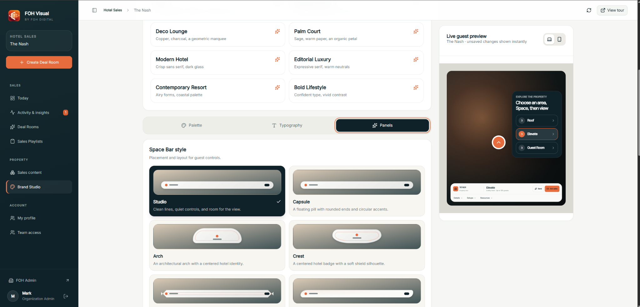 FOH Visual Brand Studio showing presentation styles, panel controls and a live guest preview