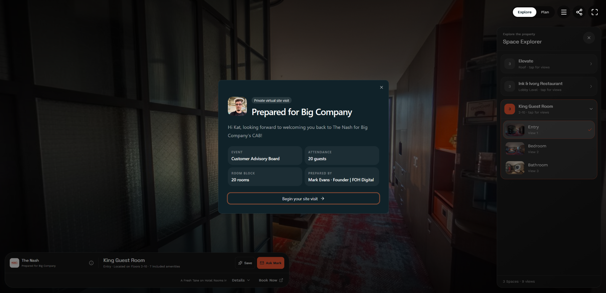 FOH Visual buyer-facing Deal Room opening a personalized private virtual site visit